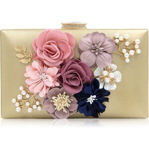 Women's Metal Leaves Flower Evening Bride Wedding Floral Clutch Bag